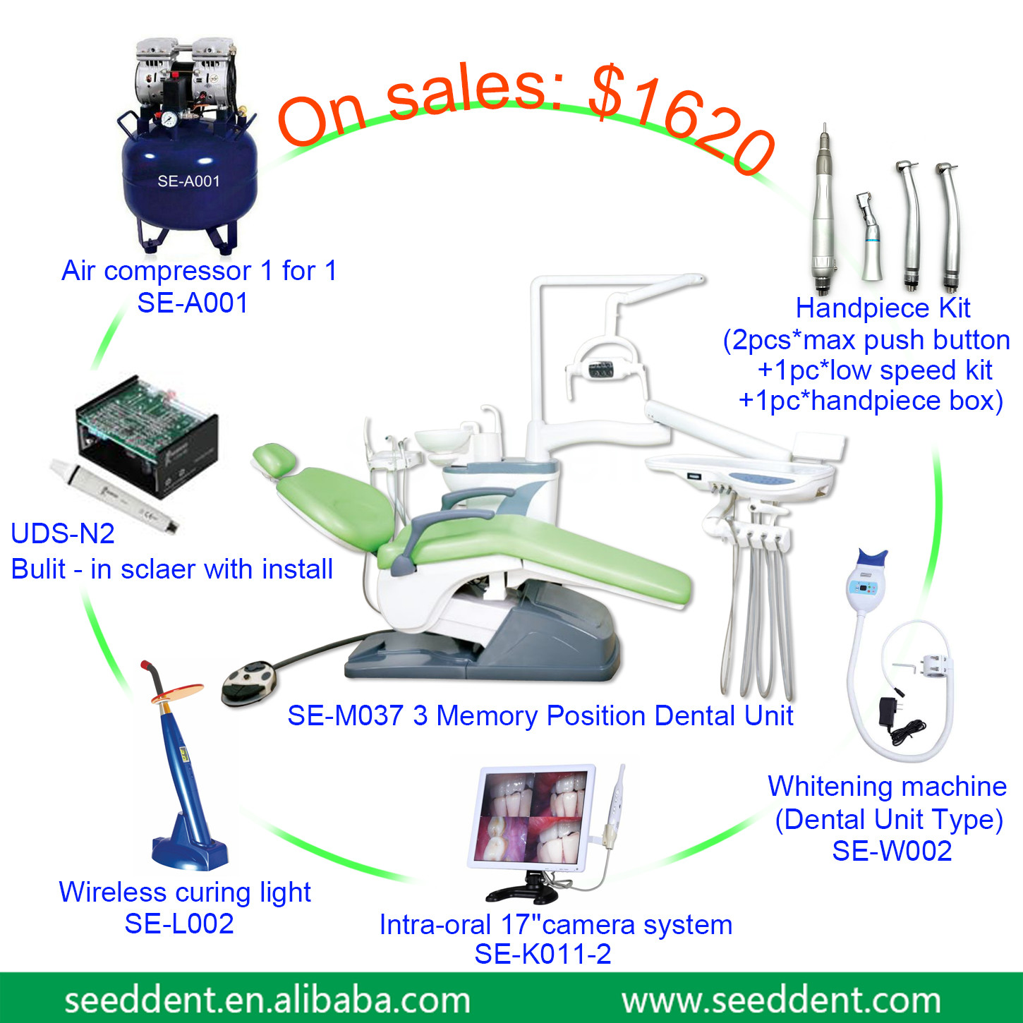 New 3 memory position and import water air tube Dental Unit with air compressor, scaler,curing light SE-M037 set